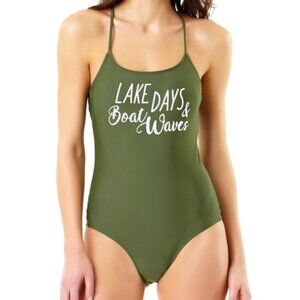 "Lake Days & Boat Waves" Olive Green One-Piece Swimsuit | Size L (11–13)